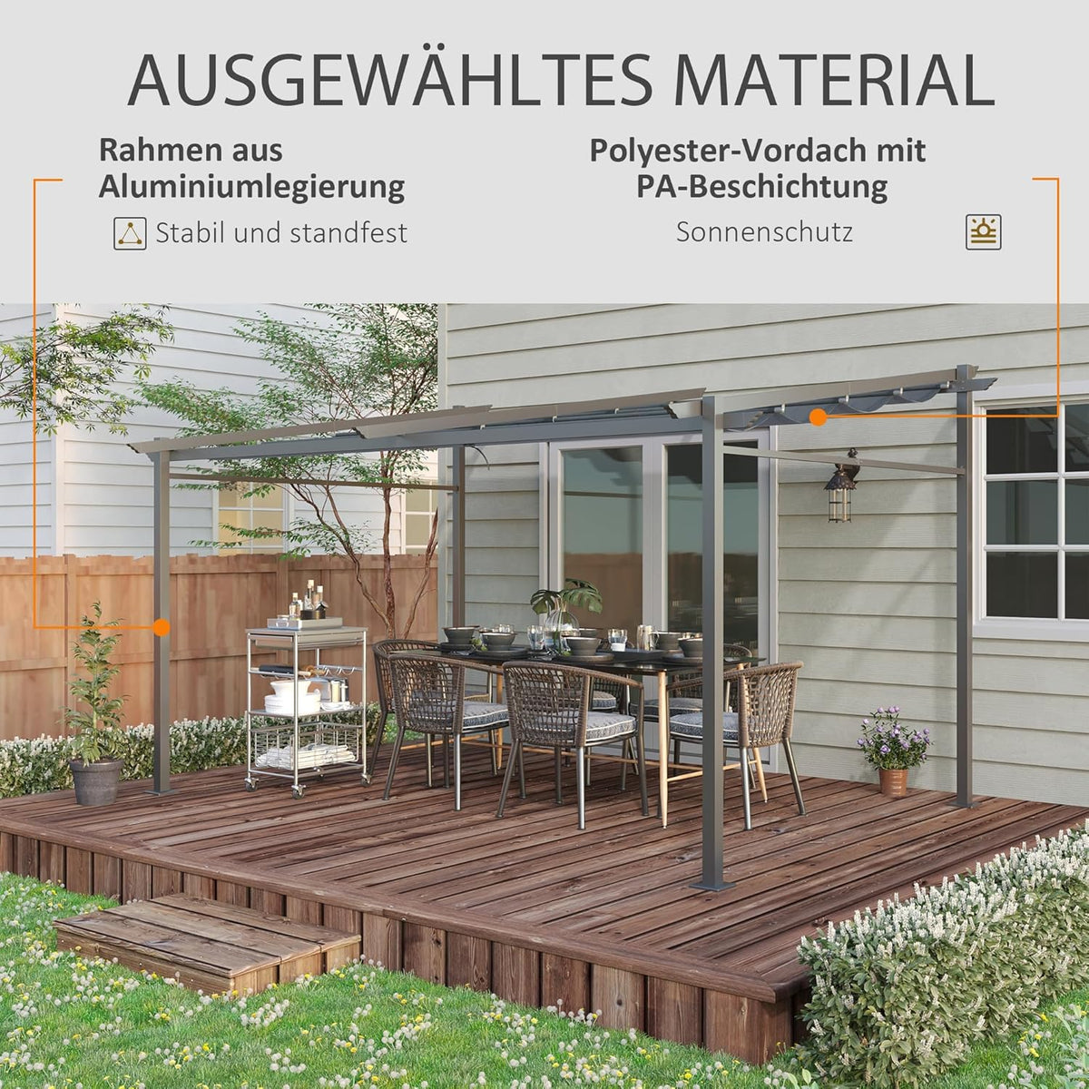 Outsunny Terrassendach Pergola approx. 4x3m Terrassendachung Garten Pavillon Aluminium, Wall-mounted, Gartenpavillon mit Verstellbares Dach, UV Schutz, Sonnenschutz für Terrasse und Garten, Dunkelgrau - QUORE