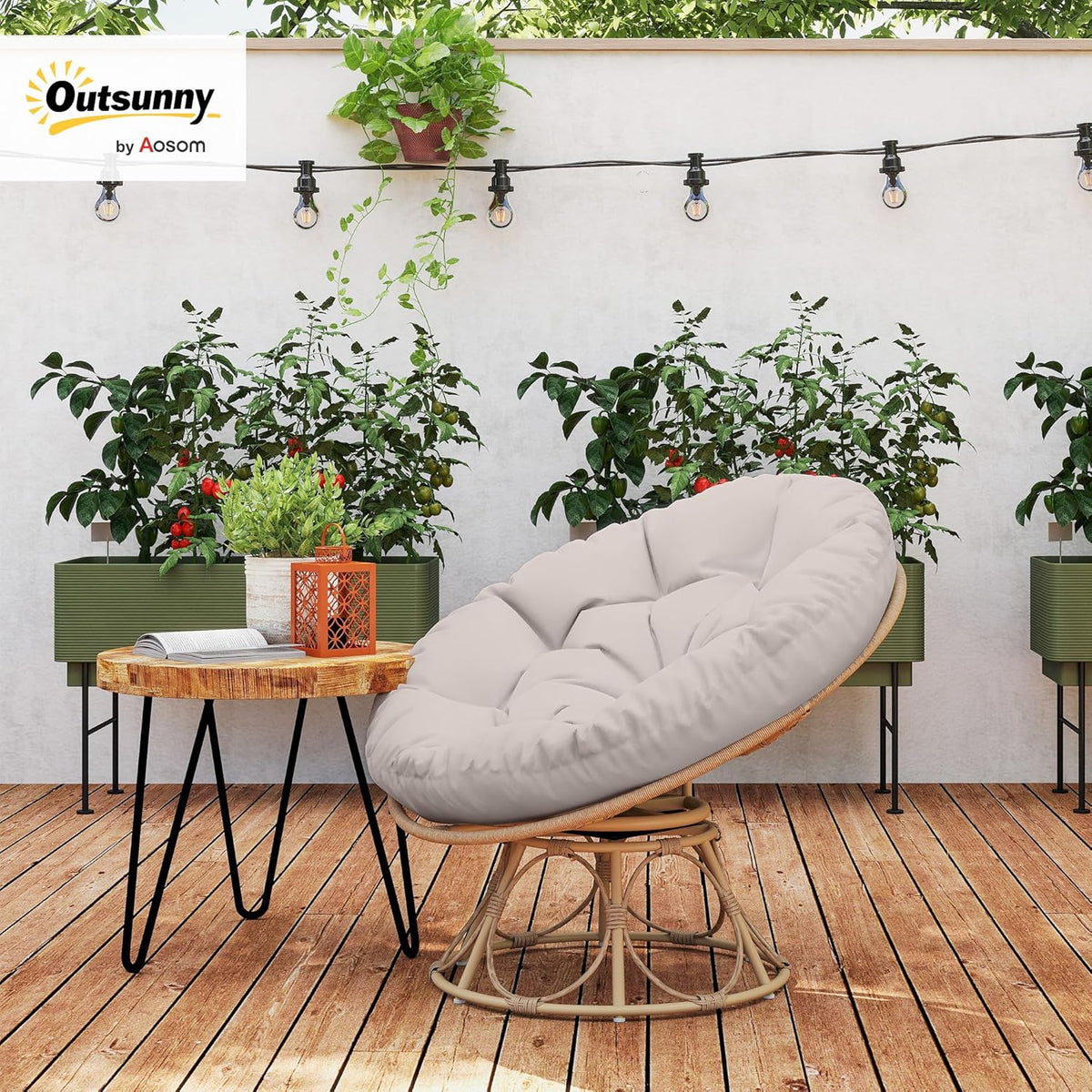 Outsunny Papasansessel Rattan 360° drehbar Korbsessel mit Sitzkissen Durchmesser 120cm runder Outdoor Rattansessel Drehsessel Loungesessel Liegesessel für Wohnzimmer Garten Balcony Hellgrau