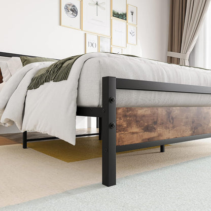 BOFENG Bedframe voor tweepersoonsbed, 137 cm, met houten hoofdeinde, robuust platformbedframe, geen boxspring nodig, boerderijbedden, robuuste bedbodem van vierkante buis, huismeubilair