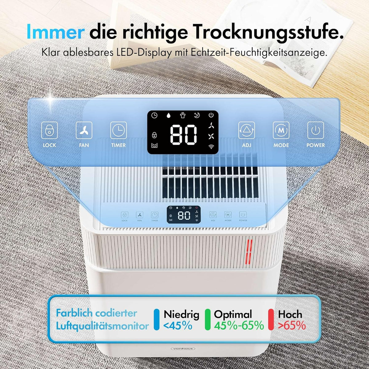VonHaus Elektrische luchtontvochtiger, 20 l/dag, 4,5 l waterreservoir, wifi/smart kamerontvochtiger tegen vocht, condensatie, schimmel en geuren, luchtontvochtiger voor wasgoed, thuis, slaapkamer