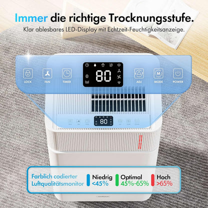 VonHaus Elektrische luchtontvochtiger, 20 l/dag, 4,5 l waterreservoir, wifi/smart kamerontvochtiger tegen vocht, condensatie, schimmel en geuren, luchtontvochtiger voor wasgoed, thuis, slaapkamer