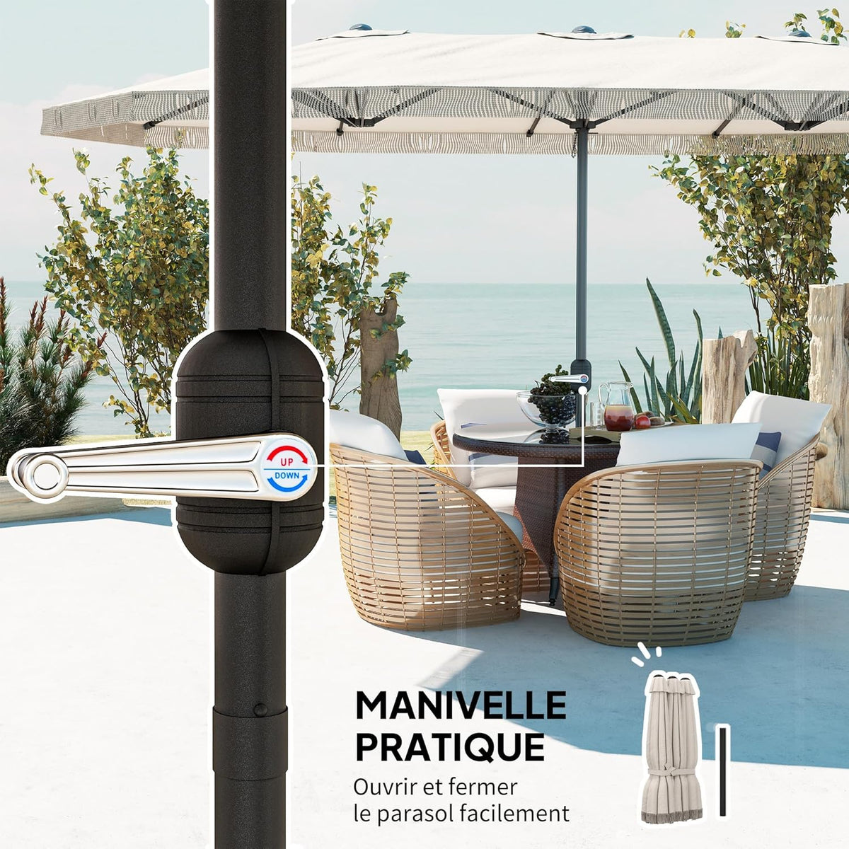 Outsunny Garden Shade Double Rectangle 4.5 x 2.65 x 2.60 m with Crank and Fringes, 180 g/m², Parasol for Balcony, Pool, Patio, Cream - QUORE
