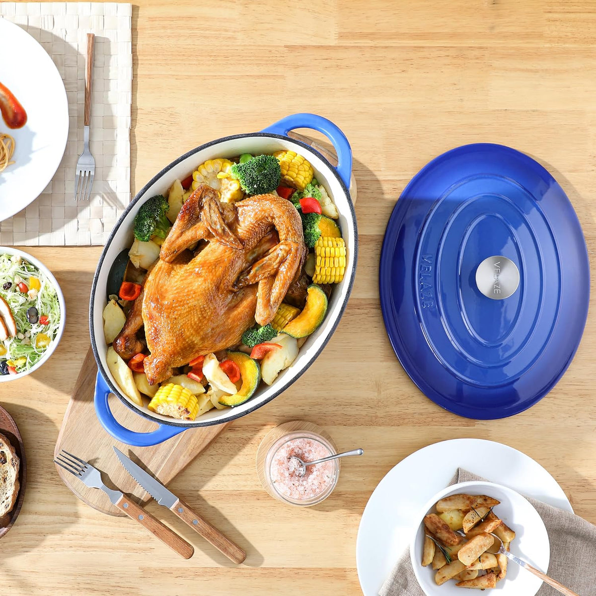 Velaze Cast Iron Casserole with Lid, 34 cm Oval Enamel Pan, 7 L Bread Baking Mould, All Heat Source Stewpan, Blue - QUORE