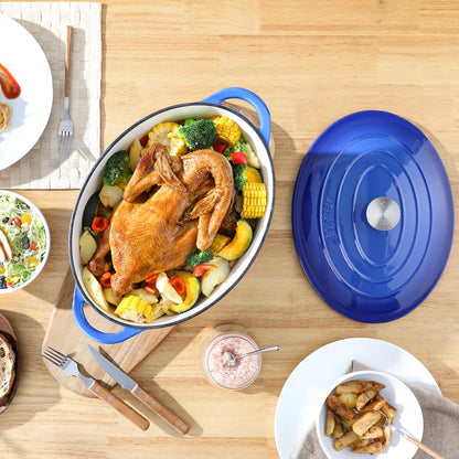 Velaze Cast Iron Casserole with Lid, 34 cm Oval Enamel Pan, 7 L Bread Baking Mould, All Heat Source Stewpan, Blue - QUORE