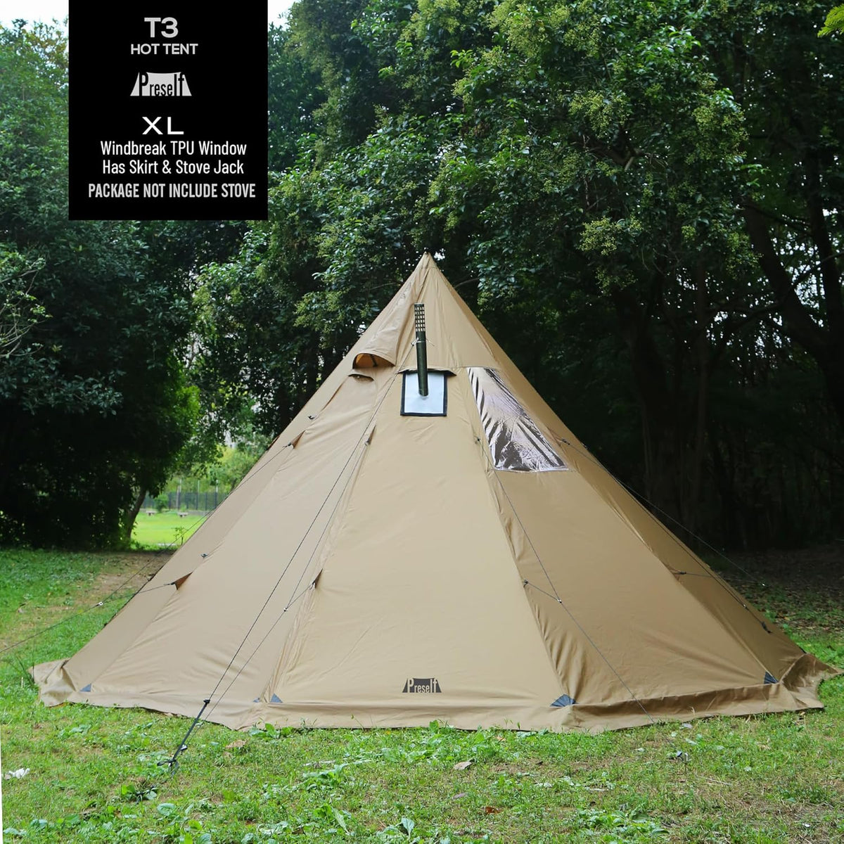 Preself 4~6 Persoon Tipi Hot Tent T3 XL met Schermvenster, Hoogte 8 '6 "2,6 m, Diameter 15' 4,6 m, voor Hout Buring Kachel Bushcraft Familie Camping Jacht Vissen (Tent)