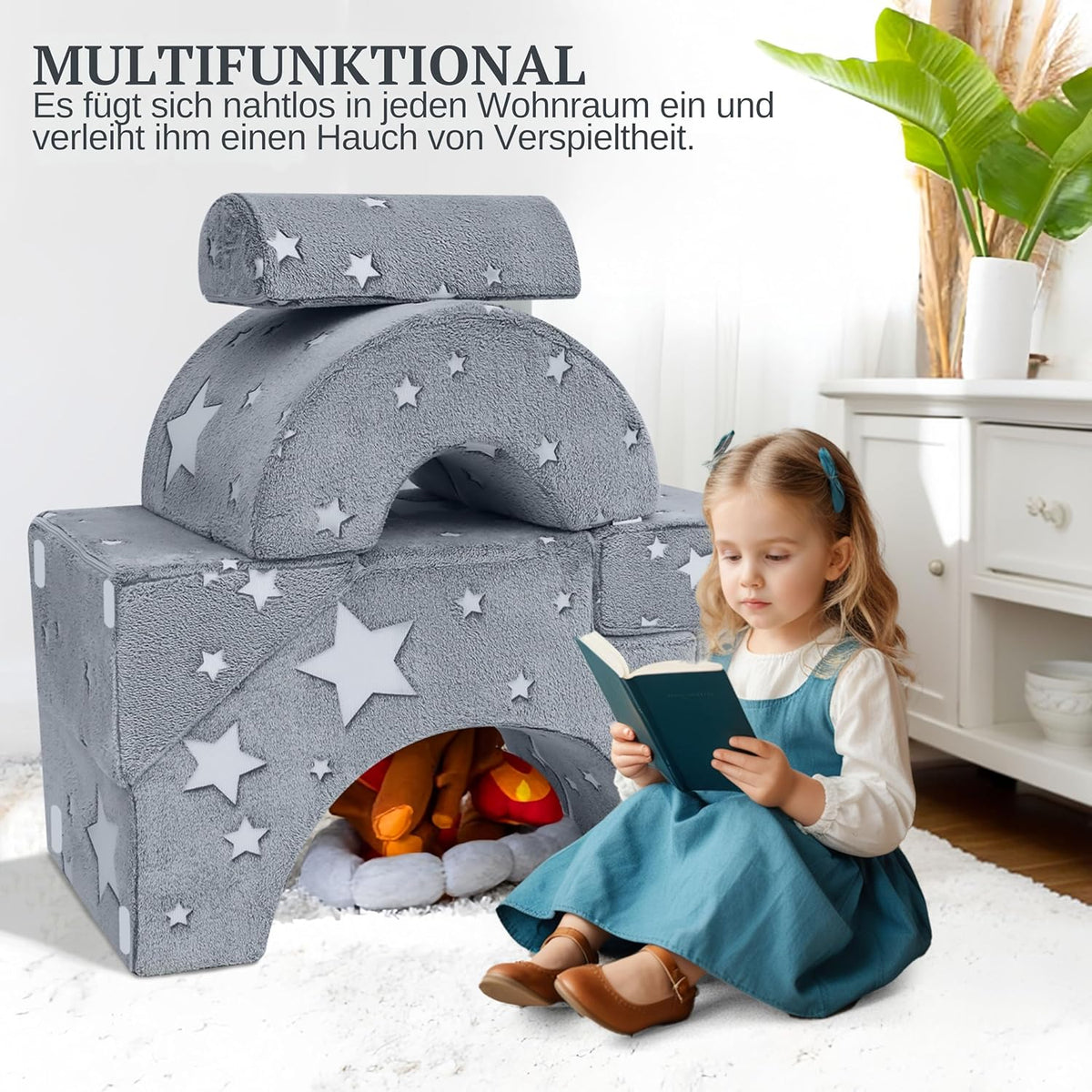 MeMoreCool Modulaire kinderbank van schuimrubber, uitklapbaar kinderkamermeubel met zit- en ligfunctie, zachte mini-bank met afneembare overtrek