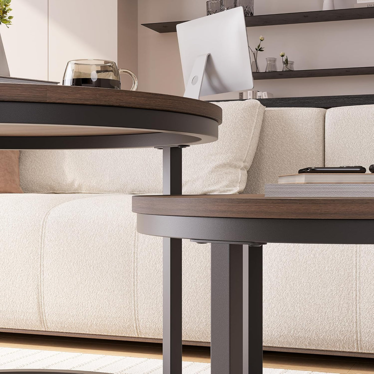 HOJINLINERO Set van 2 ronde nestels, stapelbank, bijzettafel, voor woonkamer, slaapkamer, kantoor, balkon, appartement (walnoot)