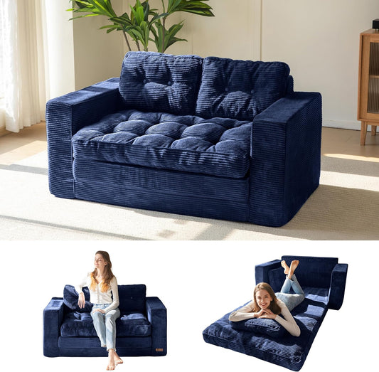 MAXYOYO Slaapbank, loveseat, omvormbaar met 2 kussens, 2-in-1 comfortabele corduroy bank, 2-zits, vloerligstoel, uitschuifbaar slaapgedeelte 101x196 cm, 15 cm dun schuim
