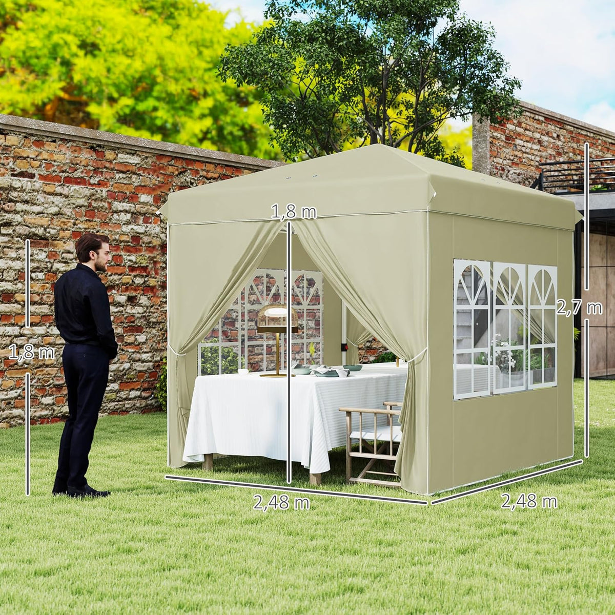 Outsunny Pavillon 2,5x2,5m, wasserabweisend Stabil Winterfest Pop-up Faltpavillon, UV Schutz 50+, Faltbar Partyzelt Gartenzelt mit 4 Seitenteilen Tasche Gartenpavillon für Camping Garten, Cremeweiß - QUORE