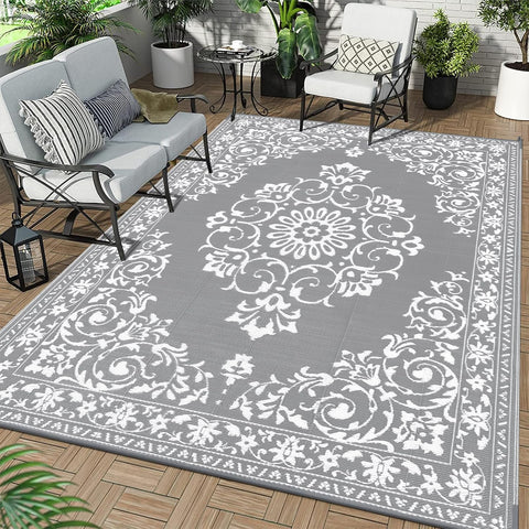 Buiten Vloerkleed - Buitenkleden - Buitentapijt - Opvouwbaar - UV-bestendig - Waterdicht - Omkeerbaar - Buitenmatten - voor Buiten - Balkon - Strand - Picknick -Terras - Rechthoekig - 240 x 300 cm - Grijs
