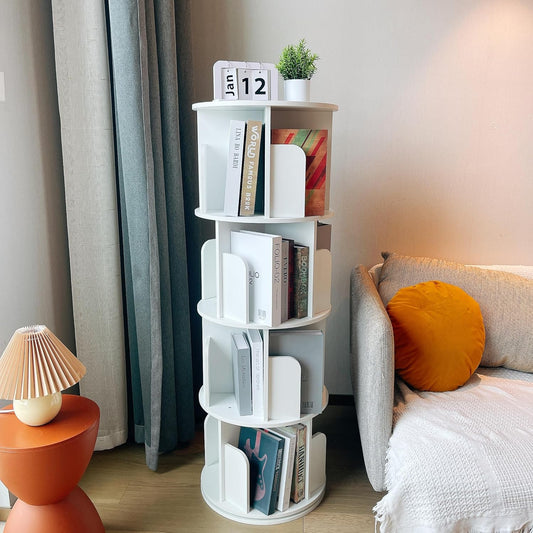 Draaibare Boekenkast – Boekenplank – Boekrek – Boekenhouder – Boekendisplay – 360° Draaibaar – Duurzaam Dennenhout – 4 Verstelbare Lagen – Compact Ruimtebesparend – Witte Afwerking - QUORE