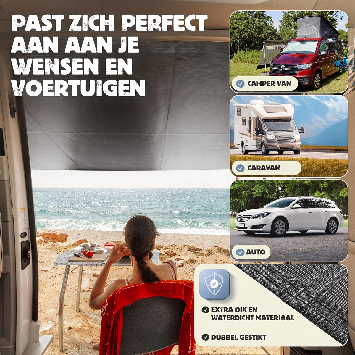 Autoluifel | 2,2 x 2,5 m Zonnescherm met 3 x Keder en 2 x Telescopische Stokken | Zonnescherm Camping Busluifel Auto Camper Keder