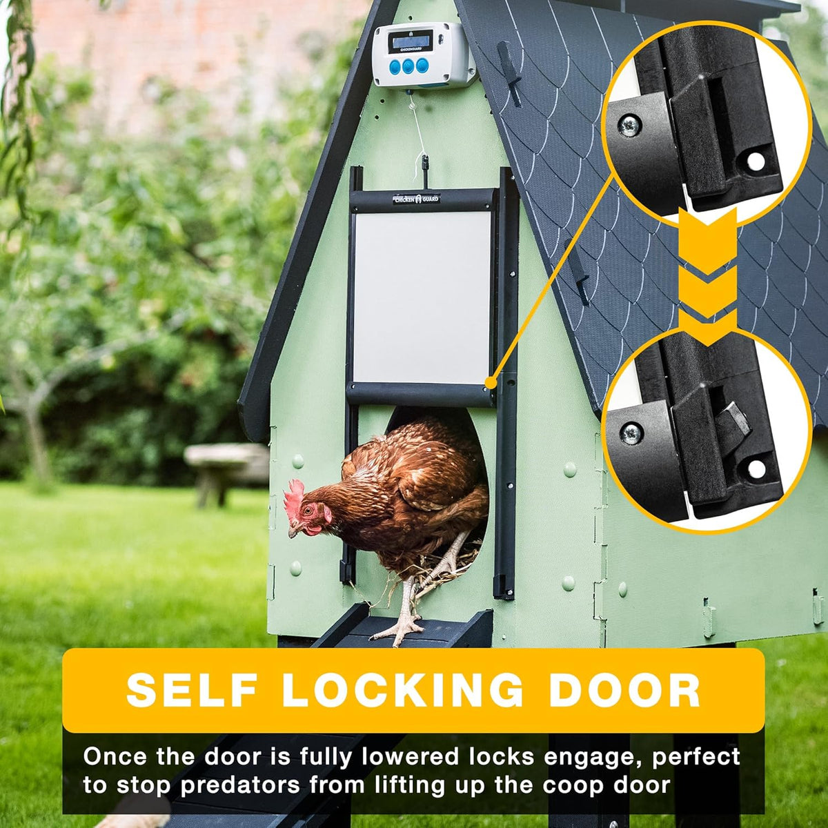 ChickenGuard Automatic Chicken House Door Opener, Power Source: Solar/Batteries/Electric. Timer/Light Sensor; Motor units alone or Combination kits. (PRO + Door + Batteries) - QUORE