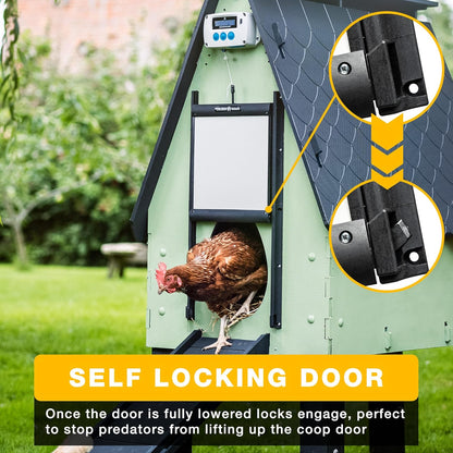 ChickenGuard Automatic Chicken House Door Opener, Power Source: Solar/Batteries/Electric. Timer/Light Sensor; Motor units alone or Combination kits. (PRO + Door + Batteries) - QUORE