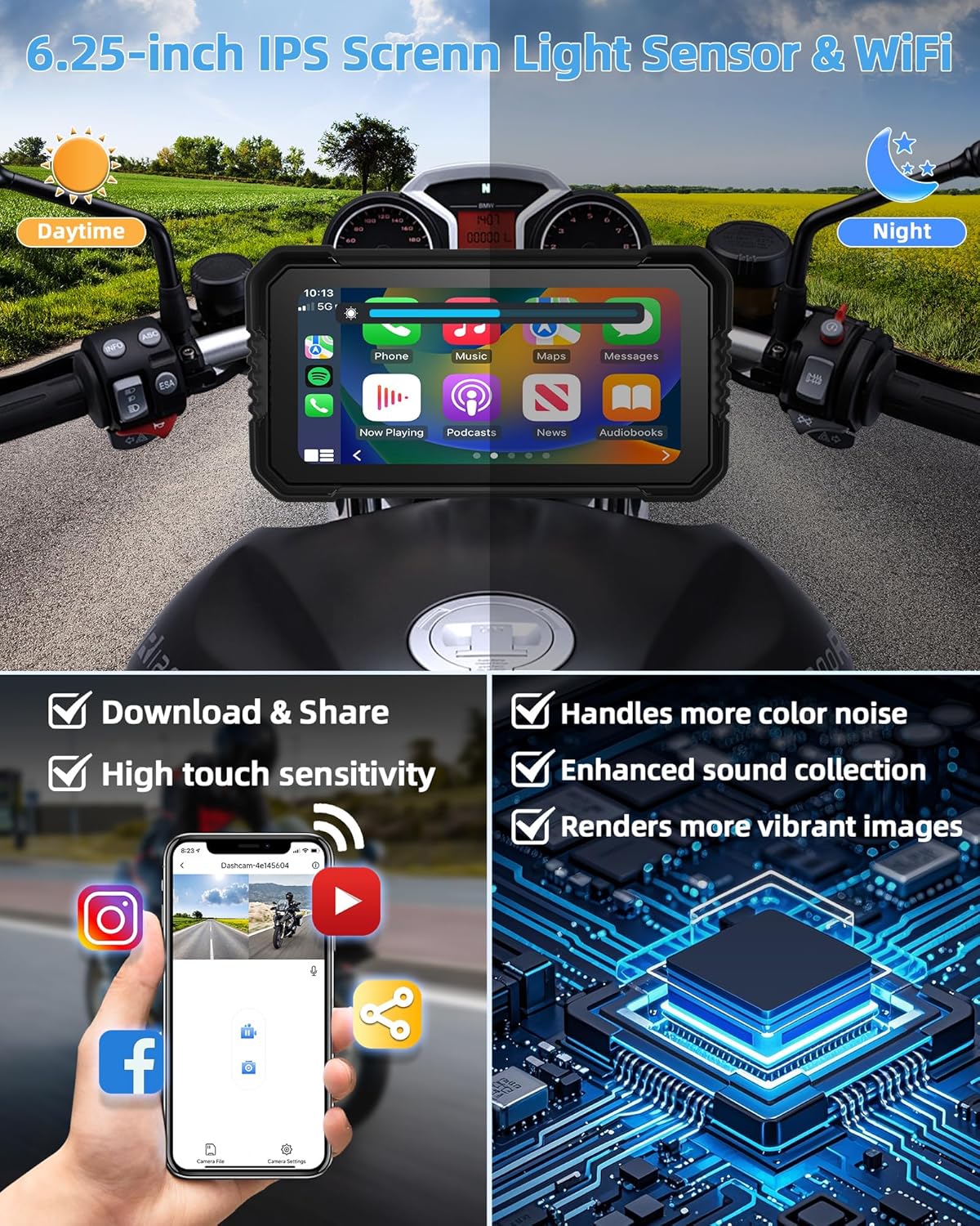 4K Motorfiets CarPlay Android Auto met Dashcam voor en achter, 6,25 inch CarPlay-scherm GPS Dashcam Motorfiets IP67 Waterdicht Touchscreen, Navigatieapparaten Dubbele Bluetooth Spraakbediening 64G TF