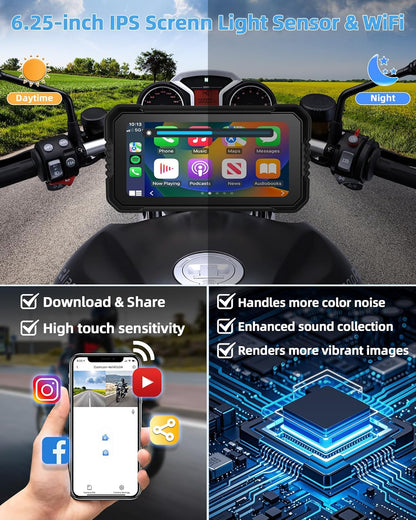 4K Motorfiets CarPlay Android Auto met Dashcam voor en achter, 6,25 inch CarPlay-scherm GPS Dashcam Motorfiets IP67 Waterdicht Touchscreen, Navigatieapparaten Dubbele Bluetooth Spraakbediening 64G TF