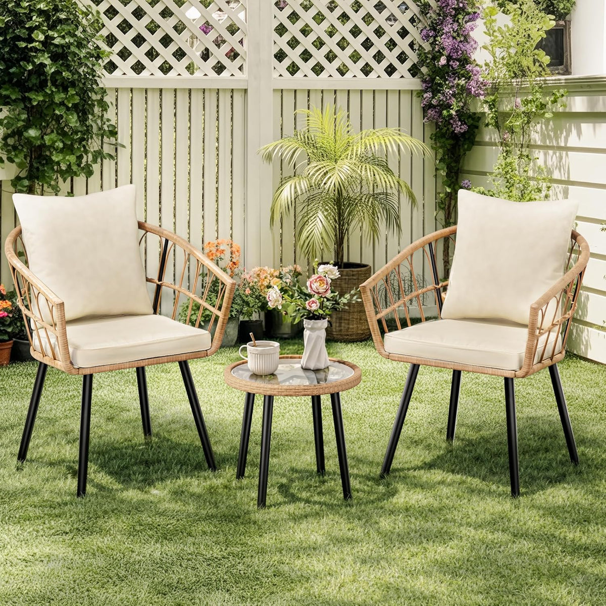 Pamapic 3-delige rotan bistroset, terrasbistroset met 2 stoelen en glazen salontafel, terrasmeubelset voor achtertuin, veranda en tuin