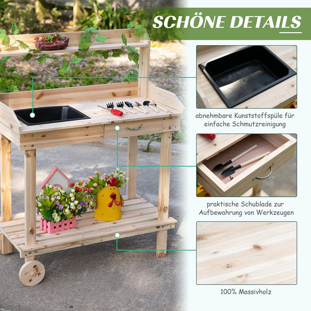 Oppottafel - Tuinwerktafel - Plantentafel -Tuinwerkbankje - met Schuiflade - 2 Niveaus - Bloementafel - voor Tuin - Sparrenhout - 92 x 45 x 119 cm - Natuurlijk Hout