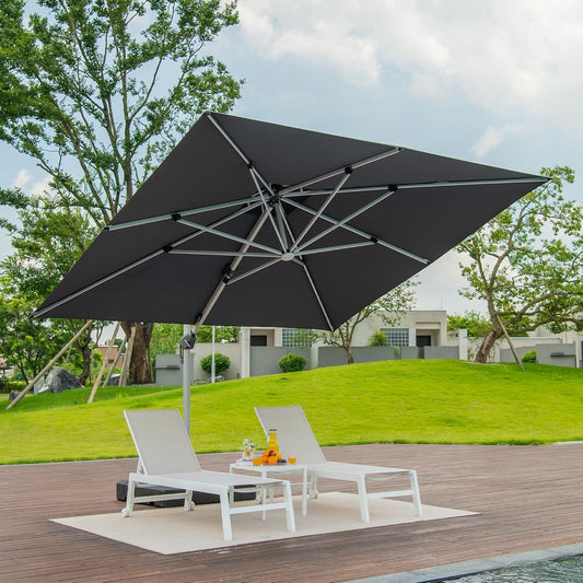 Purple Leaf Parasol met led-verlichting, rechthoekig, 270 x 365 cm, zonnescherm, marktparasol, tuinparasol met zwengel, terrasparasol met zwengel, 360° rotatie, zonwering UV50+, grijs
