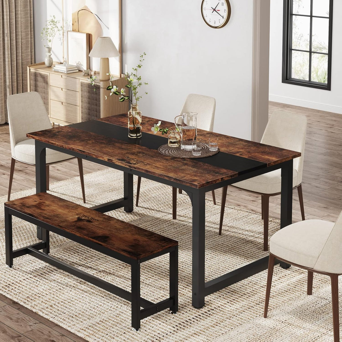 Tribesigns Dining Table, Industrial Kitchen Table for 4-6 People, Rectangular Dining Table for Dining Room, Kitchen, Living Room, with Robust Metal Legs, Rustic Brown, 160 x 80 cm