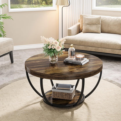 Tribesigns Round Coffee Table, Industrial 2 Tier Circle Coffee Table with Storage Shelves, Modern Wooden Accent Center Table Sofa Side Table for Living Room, Rustic Brown and Black