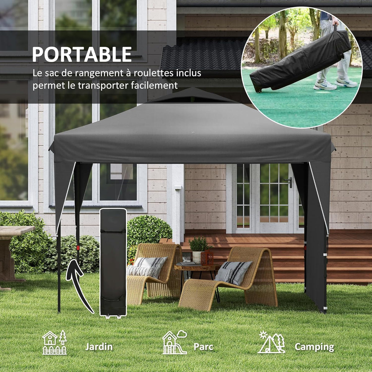 Outsunny Barnum Pop-up Garden Gazebo Foldable with Removable Side Wall + Carry Bag, Steel, Oxford Fabric, 3 x 3 x 2.65 m, Grey