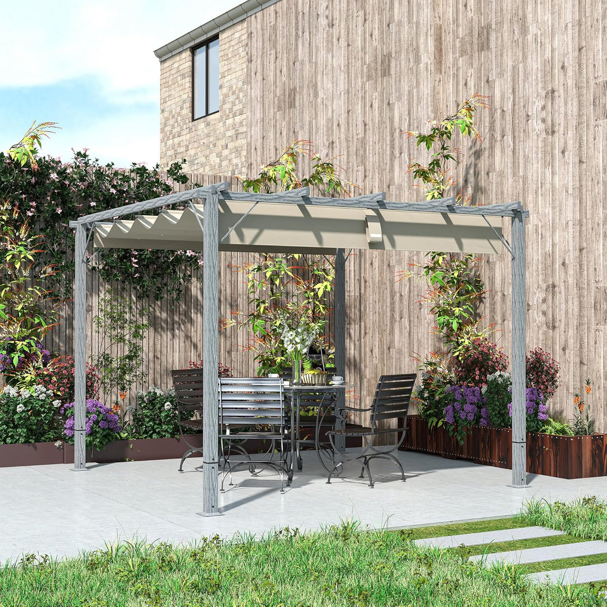 Outsunny Pergola in approx. 3x3m Garten Pavillon mit magnetischen Pad, Terrassendachung aus Aluminium, Gartenpavillon mit verstellbares Dach, Freistehend, UV Schutz 30+, für Terrasse und Garten, Grau - QUORE