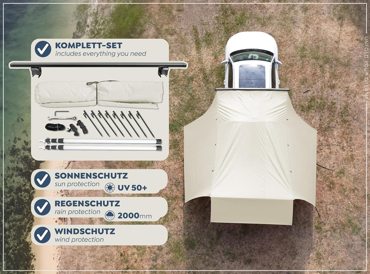 CampAir Autodakluifel met UV50+, zonnezeil met bies voor SUV, auto, bestelwagen en campingbussen, 2000 mm WS, incl. telescoopstangen en dakdragers, zwart, 6 kg