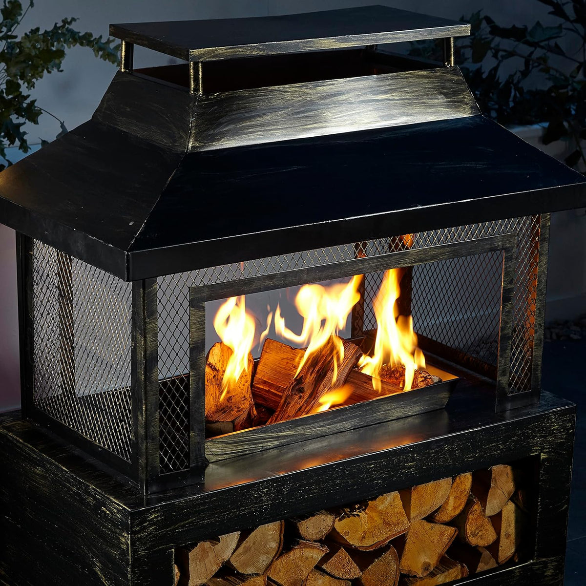 Neo Zwart Staal Outdoor Tuin Log Brander Branden Vuurkorf Chiminea Heater Kachel Mesh Surround Opslag
