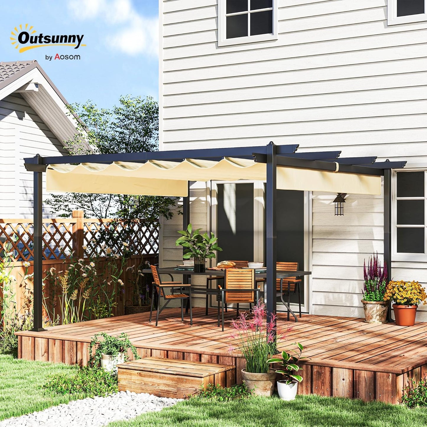 Aluminium Pergola – Tuinpaviljoen – Terrasoverkapping – Schaduwdoek – Buitenluifel – Inschuifbaar Dak – 390x390x223 cm – Roestvrijstalen 80mm Kolommen