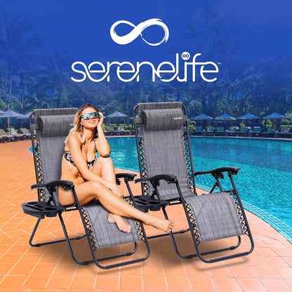 Serenelife Ligstoel, Set van 2 Ligstoelen - Verstelbare Tuinligstoelen met Zijtafel, Bekerhouders, Afneembare Kussens - Opvouwbare en Draagbare Loungestoelen voor Terras, Tuin, Strand - Grijs
