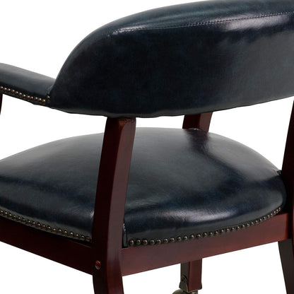 Conferentiestoel – Vergaderstoel – Kapiteinsstoel – Bureaustoel – Wachtruimtestoel – Set van 1 – Marineblauw Vinyl – Massief Hardhouten Frame