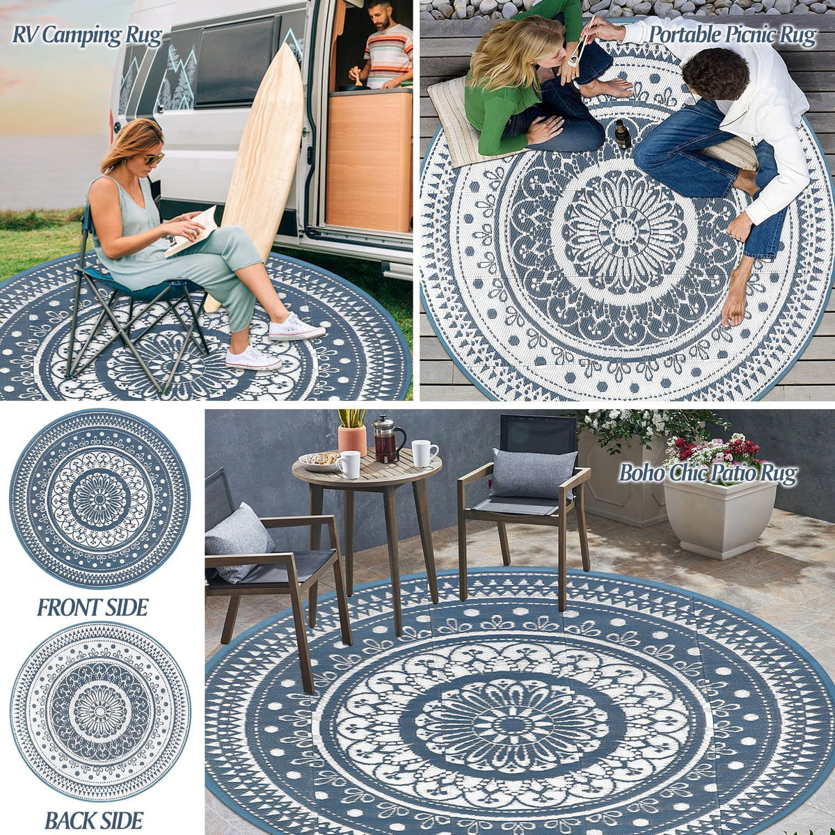 Cekene Extra Grote Outdoor Tapijt Ronde 300Cm Blauw Waterdicht Omkeerbaar Tuin Tapijt Plastic Gemakkelijk Schoon Gebied Vloermat Voor Buiten Patio Tuin RV Trailer Achtertuin Dek Picknick