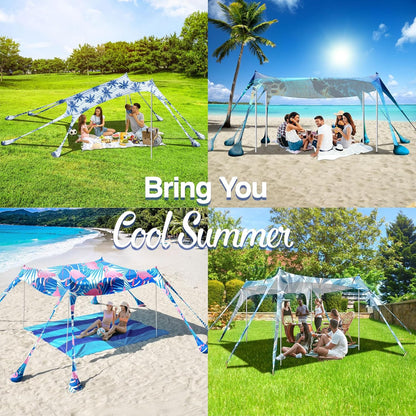 Rhino Valley Beach Tent Sun Shelter, Beach Canopy Tent Sun Shade UPF50+ Protection with 8 Sandbags 4 Stability Poles, Outdoor Beach Shade Canopy Camping, Fishing, 10 * 10FT, Dark Blue Turtle