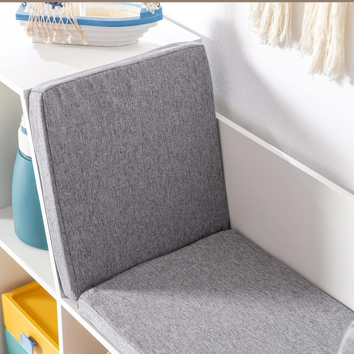 HOMCOM Children's Shelf Bookshelf with Stool Children's Bench with 6 Compartments Seat Box with 3 Cushions Toy Box from 3 Years Foam White + Grey 103 x 30 x 60 cm - QUORE