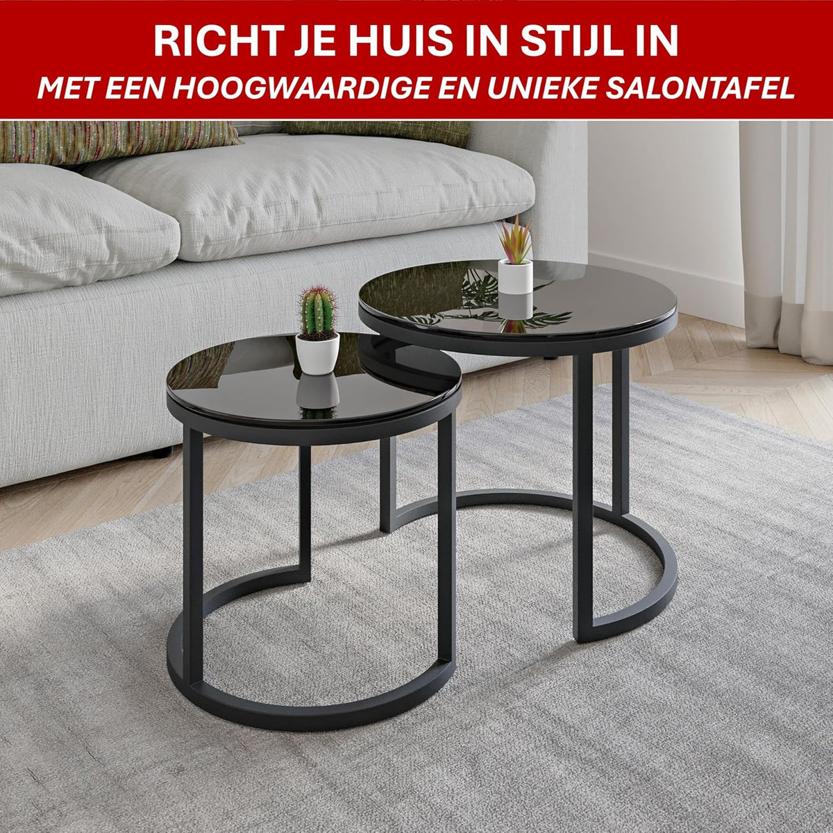 Modena, Set van 2 Salontafels van Gehard Glas en Staal, Handgemaakt in Europa, Bijzettafel, Koffietafel, Coffee Table, Zwart, Ronde, Ø50x43 cm / Ø40x38 cm