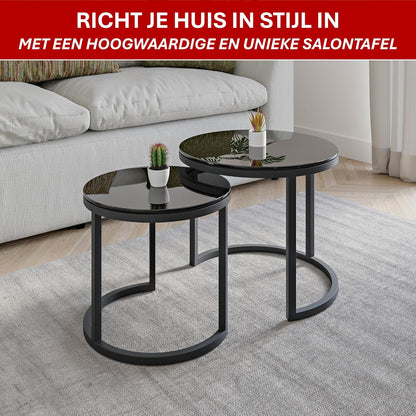Modena, Set van 2 Salontafels van Gehard Glas en Staal, Handgemaakt in Europa, Bijzettafel, Koffietafel, Coffee Table, Zwart, Ronde, Ø50x43 cm / Ø40x38 cm