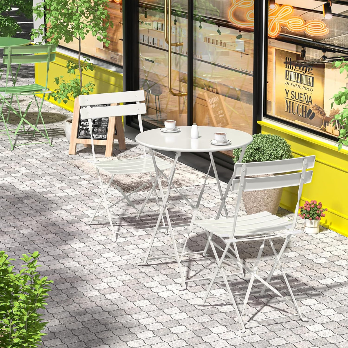 Tuinmeubelset, weerbestendig, balkonmeubelset, 3-delig, voor klein balkon, bistrotafel met 2 stoelen, bistroset, inklapbaar, wit