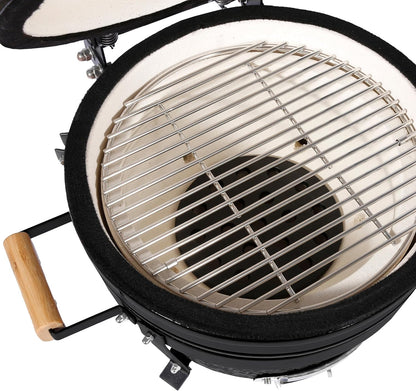Fresh Grills Kamado BBQ 16 Inch Black Ceramic Mini Oven Barbecue Grill Egg Charcoal Smoker Grate Baking Portable Built-in Thermometer Top and Bottom Air Flow System Outdoor Cooking Camping - QUORE