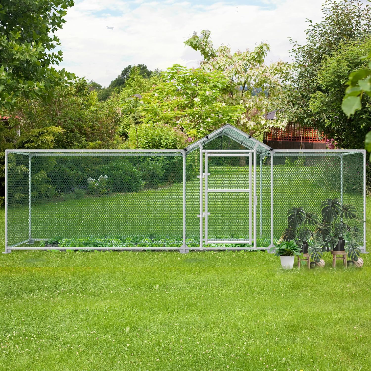 LILIIN Free Run Hen Coop Galvanised Steel Frame Chicken Coop Outdoor Entrance for Pet Cage, Bird Cage, Small Animals, with Lock and PVC Coated Roof, 400 x 100 x 150 cm - QUORE