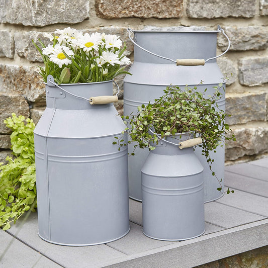 Prachtige zinken bak/zink container voor beplanting - kleur: natuurlijk zink - binnen en buiten - winterbestendig - plantenbak/tuindecoratie (Melkkan - set van 3)