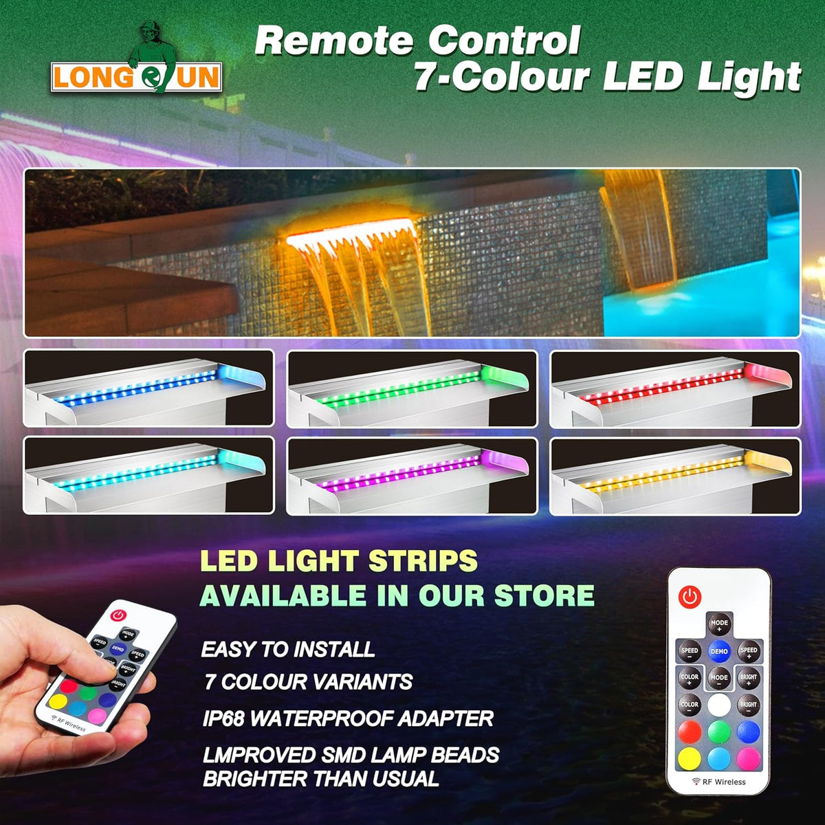 Longrun 90cm Vijver Waterval Blade Kit, 304 RVS Waterval Feature Spillway, Outdoor Zwembad Fontein met 7 Kleuren LED Verlichting en Afstandsbediening, Breedte 15cm