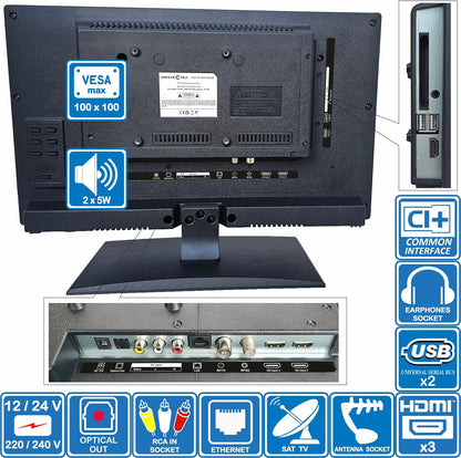 Unispectra® 22“ Smart TV (webOS) FHD 230V 24V Triple Tuner: Sat, Antenne, Kabel TV, 3xHDMI, 2xUSB, Magic Remote. 12V TV voor campers, caravans, vrachtwagens, bestelwagens, boten, thuis