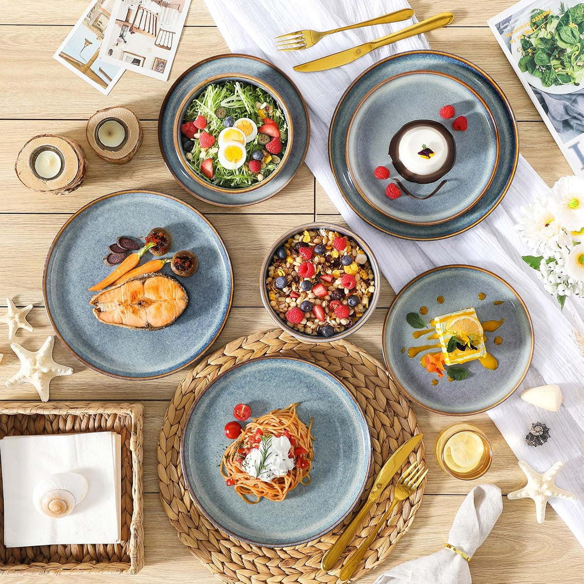 vancasso PLAYA Servies voor 6 personen, 18-delig, reactief glazuur, tafelservies voor 6 personen, modern, aardewerk serviesset, bevat kom, dessertborden en platte borden, vaatwasmachinebestendig