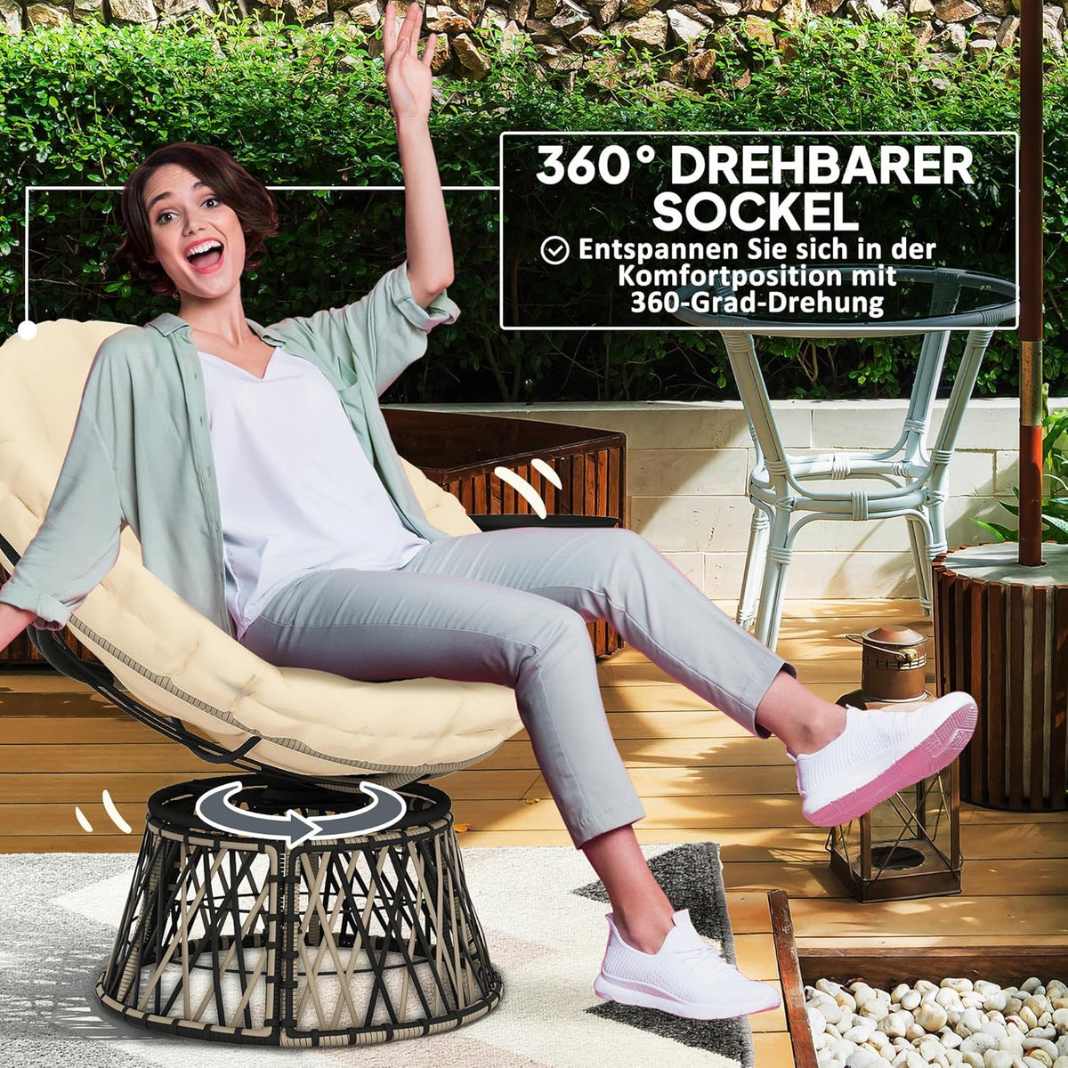 <font dir="auto" style="vertical-align: inherit;"><font dir="auto" style="vertical-align: inherit;">        Outsunny Papasan Rattan Chair, 360° Swivel Wicker Chair with Cushion, 90cm Diameter, Round Outdoor Rattan Chair, Swivel Chair, Lounge Chair, Reclin