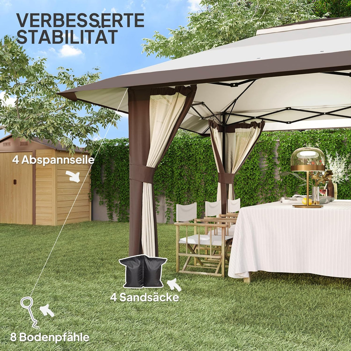 Outsunny Pavillon 4x4m Wasserdicht Höhenverstellbar Pop-up Faltpavillon mit Netzwänden UV 50+ Faltbar Partyzelt Gartenzelt mit Tragetasche Sandsäcke Gartenpavillon für Camping Garten Festival, Beige - QUORE