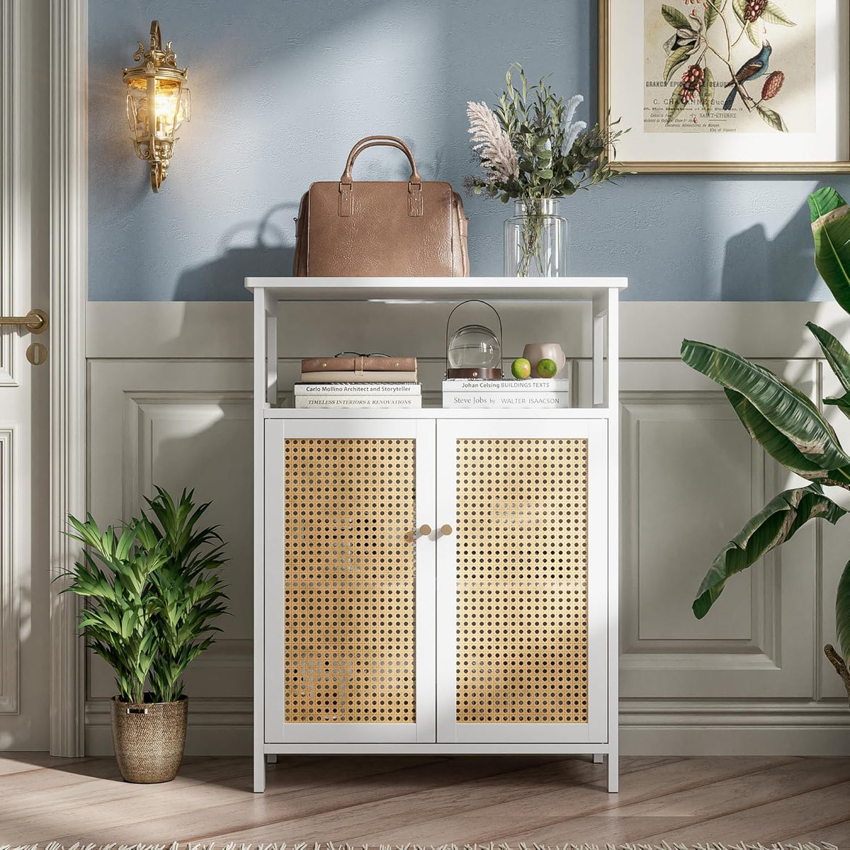 Bathroom Floor Stand Cabinet, Bamboo Storage Organizer Table with 2 Rattan Doors and 1 Shelf, Wooden Side Cabinet for Hallway, Laundry, Kitchen, Living Room (White)