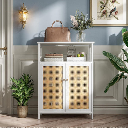 Bathroom Floor Stand Cabinet, Bamboo Storage Organizer Table with 2 Rattan Doors and 1 Shelf, Wooden Side Cabinet for Hallway, Laundry, Kitchen, Living Room (White)