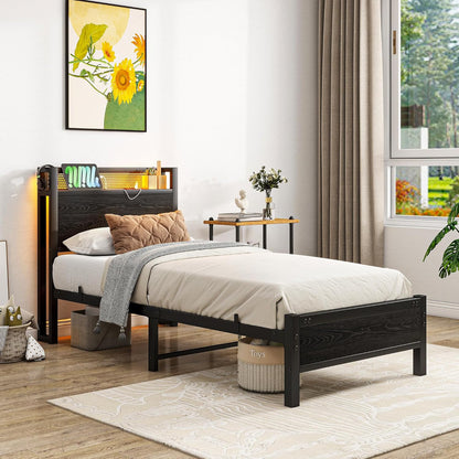 Eenpersoonsbedframe met houten opberghoofdeinde, 90 cm, houten bedframe, eenpersoonsbed met oplaadstation, USB-poorten en ledverlichting, zwart