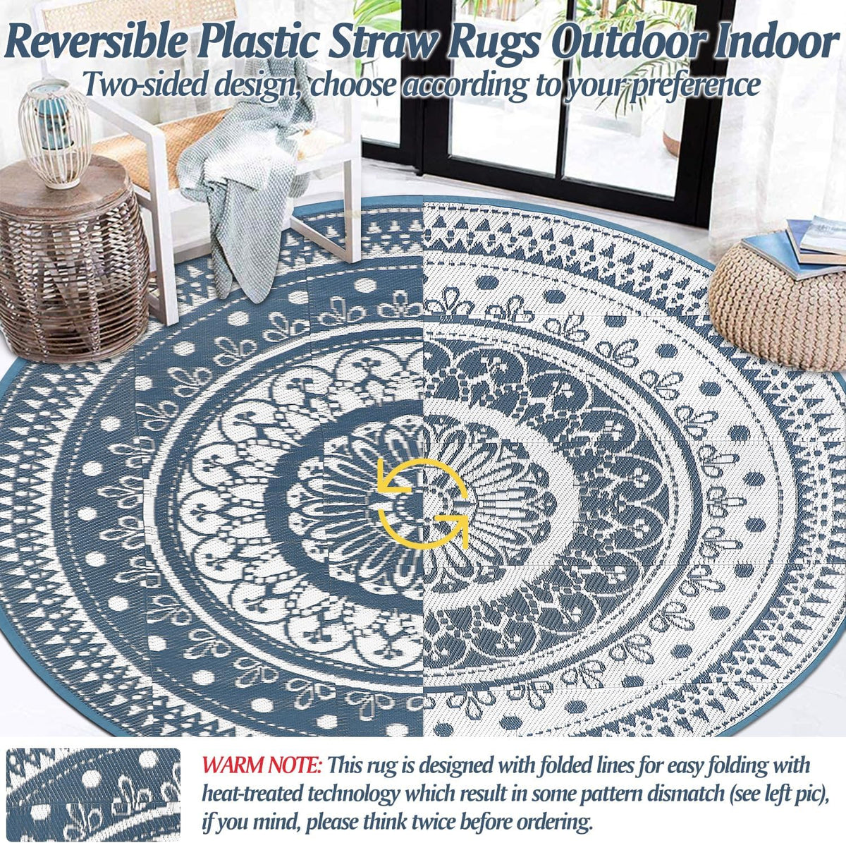 Cekene Extra Grote Outdoor Tapijt Ronde 300Cm Blauw Waterdicht Omkeerbaar Tuin Tapijt Plastic Gemakkelijk Schoon Gebied Vloermat Voor Buiten Patio Tuin RV Trailer Achtertuin Dek Picknick
